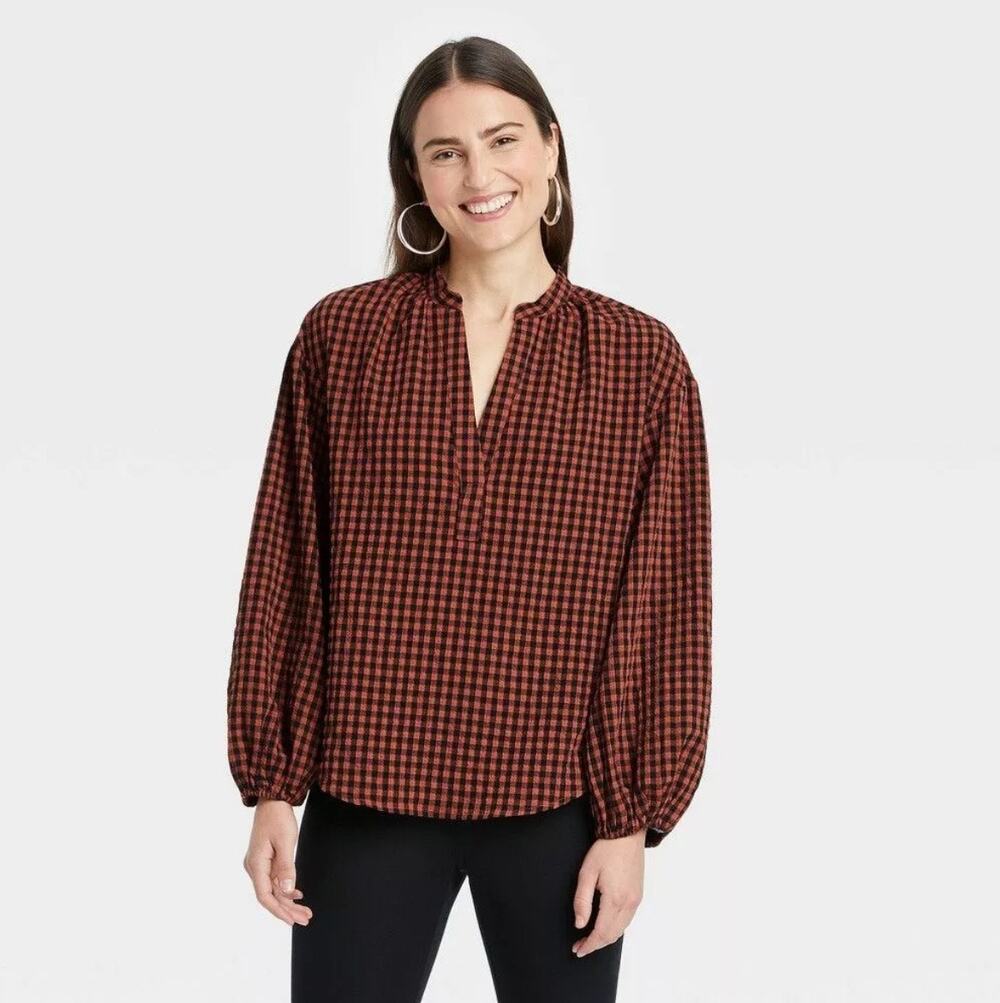 A New Day Orange/Black Check Gingham Balloon Sleeve Popover Peasant Blouse WMN S